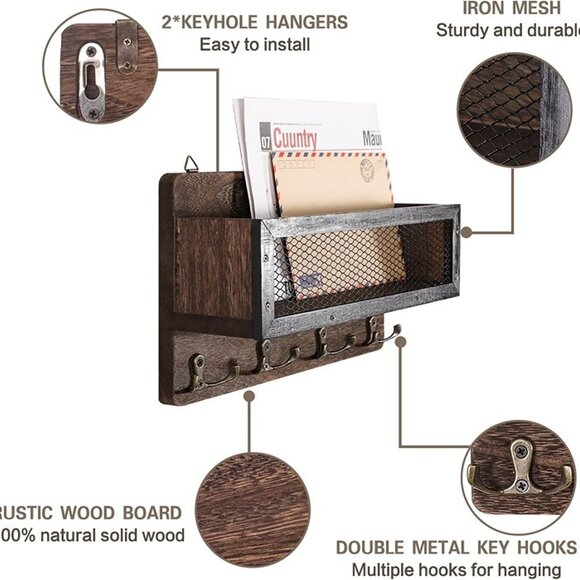 NEW Mail and Key Holder for Wall Decorative, Wooden Wall Key Rack Organizer - Picture 6 of 9